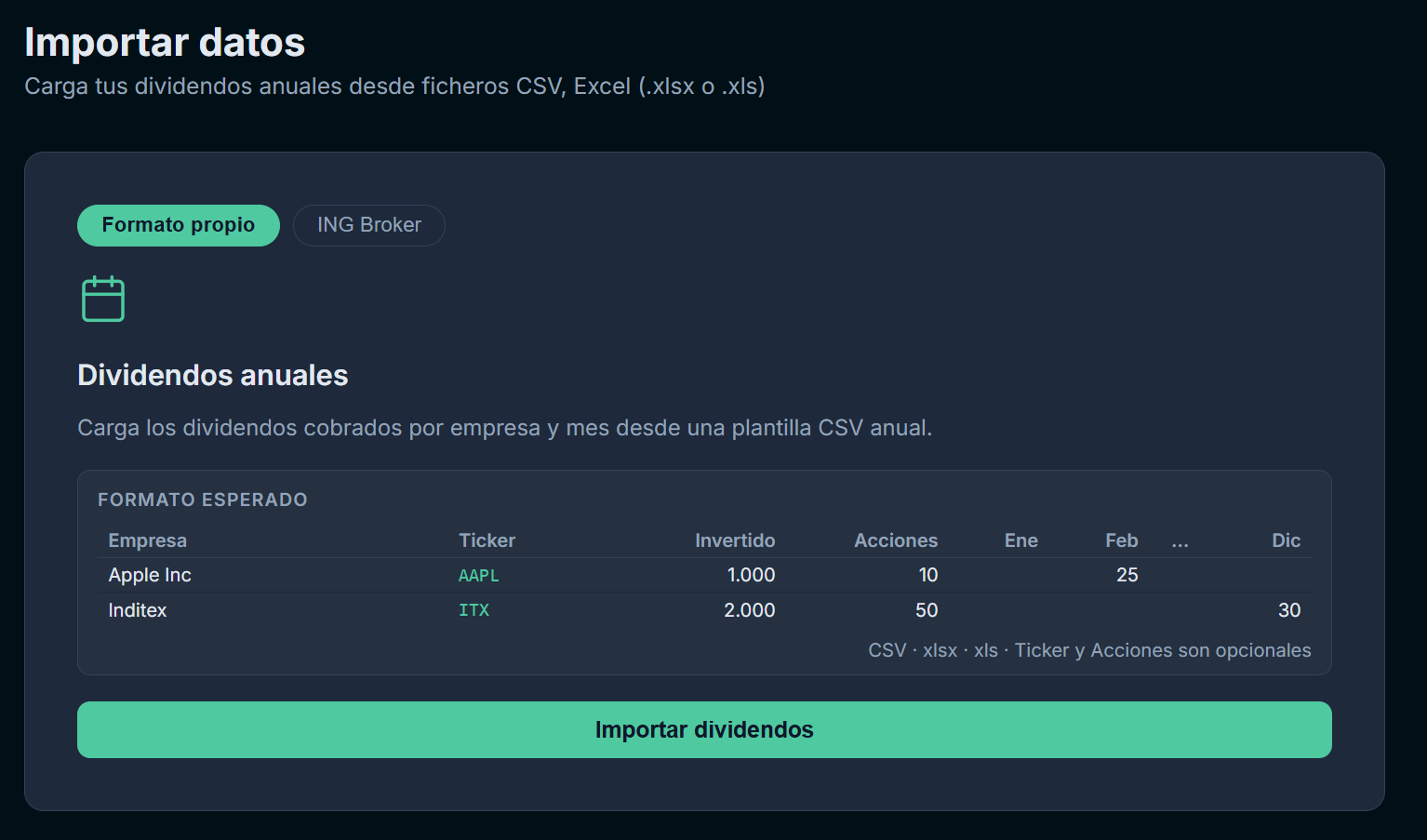 Pantalla de importar datos en Divium